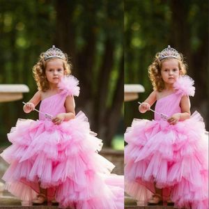 Les filles de fleur de princesse rose mignonne robes une épaule