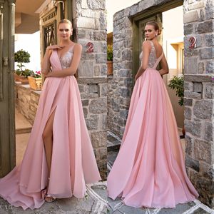 Lindo vestido de fiesta rosa una línea con cuello en v dividido vestidos de noche formales largos apliques bordados elegantes vestidos de fiesta sin espalda para ocasiones especiales vestido de fiesta