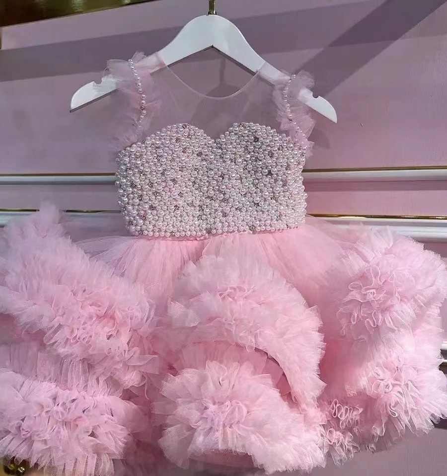 Mignon rose violet court fleur fille robes 2023 robe de bal o-cou perles Fuffles enfants anniversaire Pageant première Communion robes
