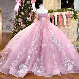 Schattige roze quinceanera big boog ball jurk bloemen applique kristallen kralen zoet 16 jurken veter verjaardagsfeestje custom