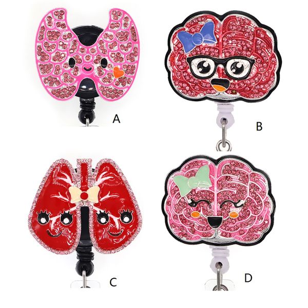 Porte-clés mignon rose/rouge coeur cerveau cristal strass médecin ID porte-Badge bobine rétractable pour la décoration