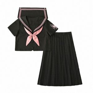 Costume de marin rose mignon, manches Lg, ensembles d'uniforme scolaire JK pour filles, chemise noire et jupe plissée, costumes nœud papillon pour étudiants Cosplay 695c #