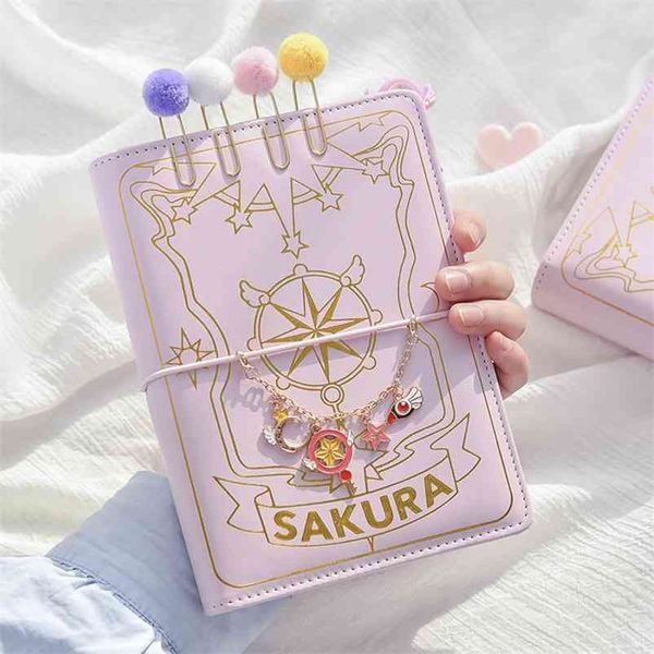 Cute Pink Sakura Anime-cuaderno diario de hojas sueltas, páginas coloridas, carpeta con 6 agujeros, diario, planificador, juego de papelería 210611