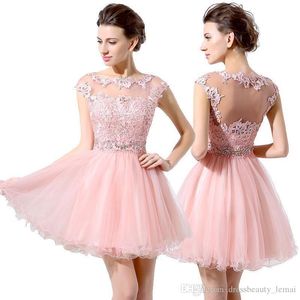 Schattige roze korte prom-jurken goedkope a-line mini tule kanten korrels dop mouwen thuiskomstjurken