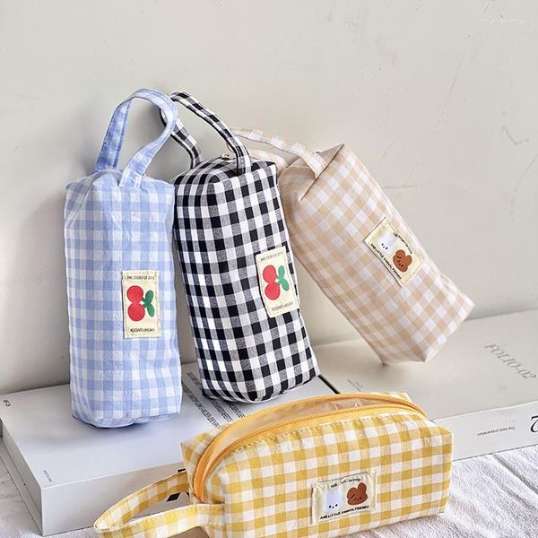 Mignon Plaid toile maquillage sacs à main cosmétique rouge à lèvres porte-monnaie sac de rangement Kawaii étuis à crayons école papeterie pochette Kits