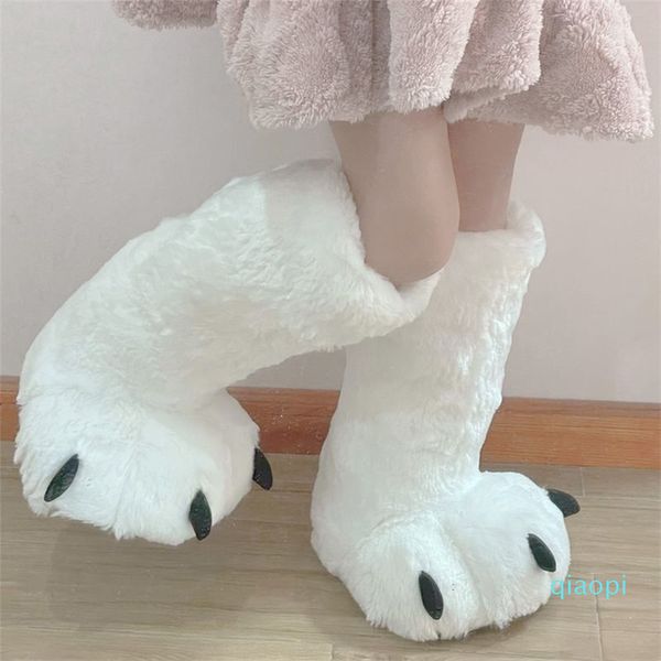 Chaussures en coton avec patte blanche, ours en peluche, Long Tube, pour Couple, intérieur, hiver, maison, chaud, dessin animé, antidérapant, pantoufles en fourrure, 2022