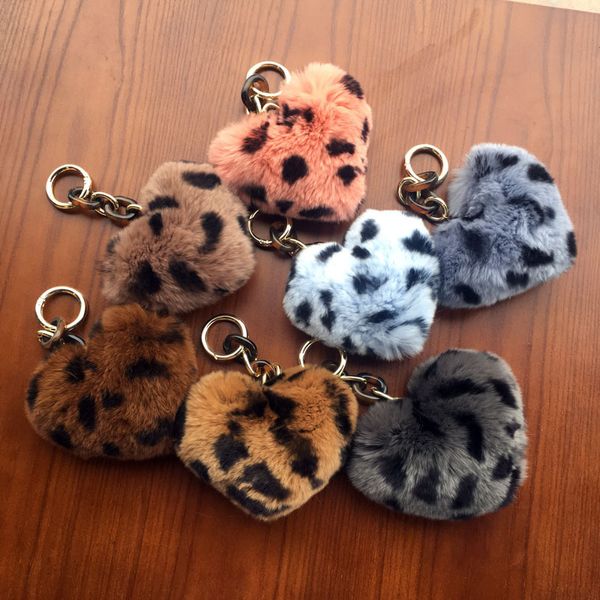 Mignon en peluche léopard amour coeur pendentif mode créatif ornements pêche en forme de coeur voiture porte-clés lapin fourrure femmes cadeau porte-clés