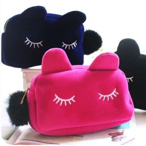 Mignon portable dessin animé chat mallette de rangement voyage maquillage flanelle pochette sac cosmétique Style coréen et japonais