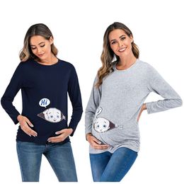 Linda camiseta de embarazo Capa de manga larga Maternidad Cuerpo casual Cuello impreso