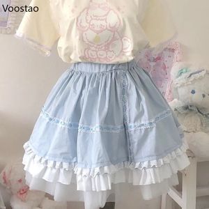 Leuke Preppy Stijl Lolita Stijl Rokken Vrouwen Kawaii Kant Elastische Taille Mini Rok Meisjes Harajuku Y2k Ruches Party Korte Rok 240326