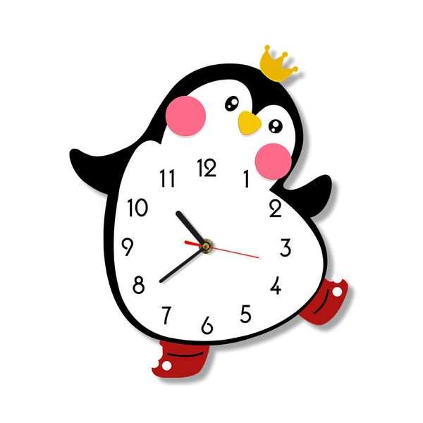 Mignon Princesse Fille Pingouin Cartoon Horloge Murale Mouvement Silencieux Pépinière Chambre Enfants Chambre Mur Art Décor Couleur Imprimé Montre Murale LJ201204