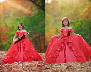 Mignon Princesse Filles Pageant Robes Dentelle De L'épaule Robe De Bal Fête D'anniversaire 3D Floral Applqiue Perles Robe De Fille De Fleur Pour Le Mariage