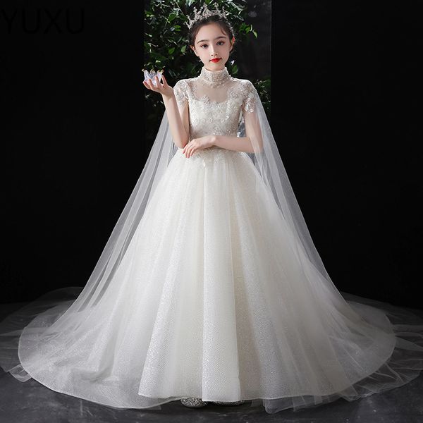 Mignon princesse en dentelle en tulle robes de fille pour le jardin country mariages transparents longs appliques de train grand arche