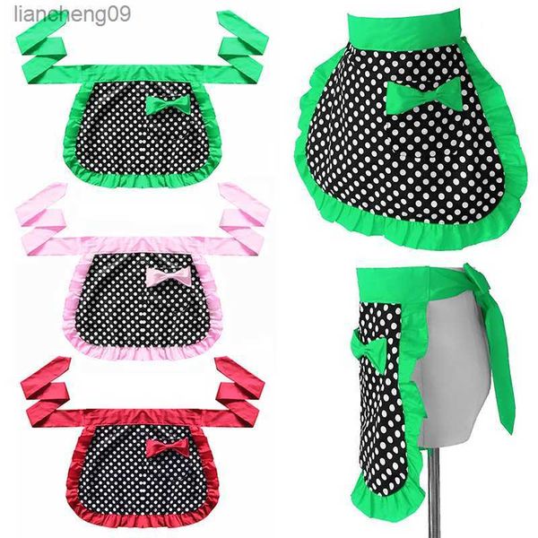 Delantal de lunares de princesa linda con cordones Bowknot Media longitud Servicio de limpieza Restaurante Cocina Trabajo Herramientas de limpieza Delantales para mujeres L230620