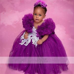 Schattige paarse baby prinses meisjes appliques optocht baljurken Afrikaanse kinderjurk voor bruiloft first communion fotoshoot