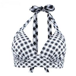 Mignon Push Up Haut de Bikini Rembourré Vintage Deux Pièces Séparées Sexy Dos Nu Solide/Plaid Bandage Halter Bikini Bas Grande Taille 3XL 240105