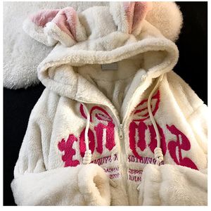 Lindo conejo oreja grande lana de cordero suéter bordado sudaderas con capucha mujeres coreanas engrosadas lana con cremallera sudaderas con capucha kawaii goth y2k ropa 240126