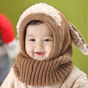 Schattig konijn oor baby hoed konijntje vormige pluche gebreide hooded sjaal voor pasgeboren peuter winter warme muts kinderen oorflap hoeden