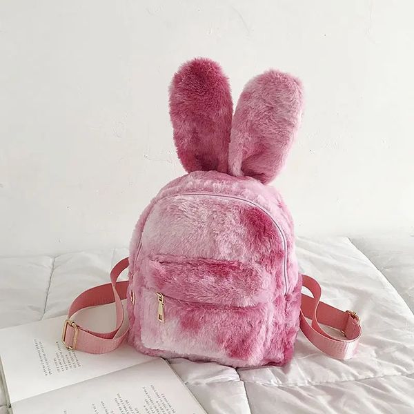 Mignon oreilles de lapin cravate colorant en peluche sac à dos pour femmes fausse fourrure épaules sac fourrure Mini sacs à dos fille moelleux sac hiver 240105