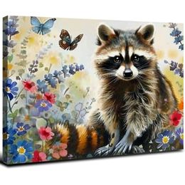 Schattige wasbeer Wall Art Raccoon Pictures Wall Decor Canvas Print Painting Painting Home Decoratie Artwork voor woonkamer kantoor slaapkamer badkamer omlijst