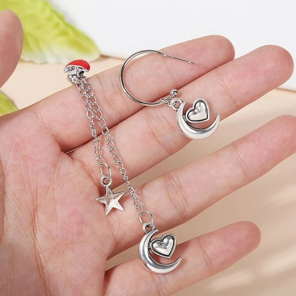 Bonitos pendientes de gota de seta de esmalte rojo para mujer, colgante de corazón de luna a la moda, cadena en forma de C, pendiente colgante asimétrico de Metal