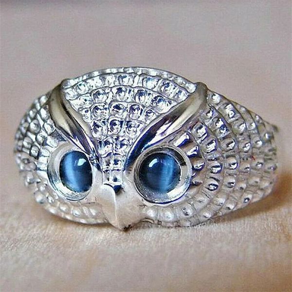 Bague en or blanc 14 carats avec strass, hibou, yeux bleus, Style Simple, pour fille et femme, populaire, mode hommes, bijoux cadeaux réglables