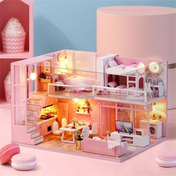 Chambre mignonne bricolage miniature maison de poupée en bois meubles cache-poussière kit de maison de poupée modèle jouets pour enfants cadeau de Noël 201217