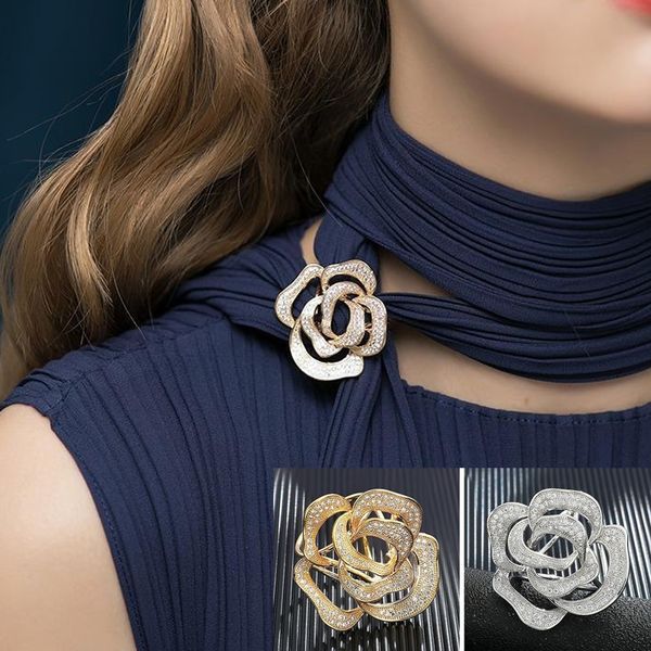 Hebilla de bufanda de seda rosa para mujer, hebillas para bufandas de flores con diamantes de imitación, color plateado y dorado, accesorios de moda