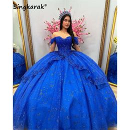 Schattige koningsblauwe baljurk Quinceanera jurken 2024 kralen bloemen Appliques Sweet 16 prom feestjurken