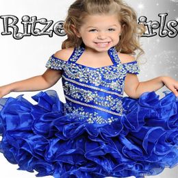 Carino Royal Blue Cupcake Toddler Bambini Ragazze Abiti da spettacolo Abiti da ballo Off spalla Perline Organza Mini Abiti da ragazza corti per Wedd221E