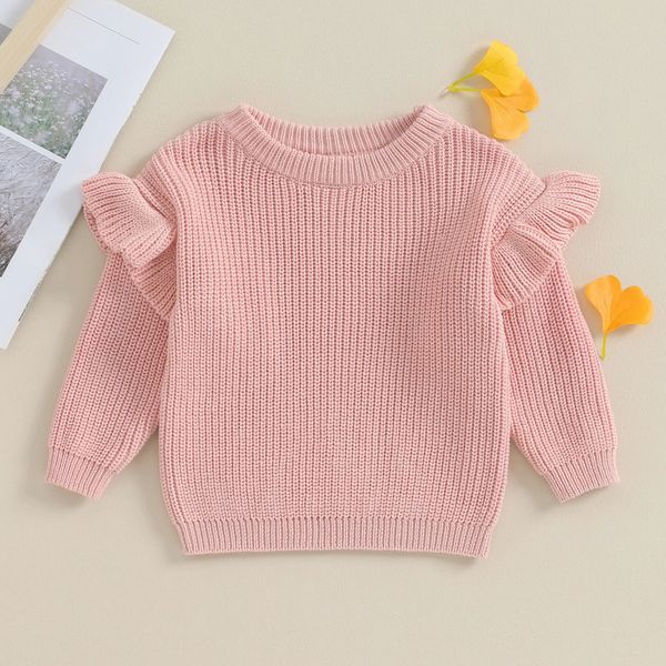 Mignon à volants à manches longues bébé filles pulls hiver chaud enfants enfant en bas âge vêtements tricotés solide crochet pull hauts tricots en vrac 240124