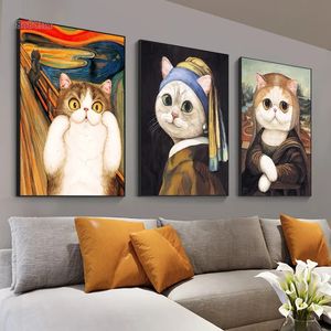 Leuke schreeuwende kattenposters en prints grappig beroemde kat canvas schilderen abstract kunst muurschildering schilderen foto's woonkamer ctue slaapkamer home decor geen frame wo6
