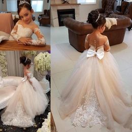 Leuke Sheer Neck Flower Meisjes Jurken voor Wedding Little Girl's Pageant Jurk 2021 Lange Mouwen Kant Geappliceerd Boog Kinderen Feestjurk Al7812