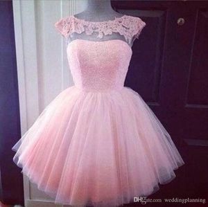 Leuke korte formele prom -jurken Roze hoge nek Zie door goedkope junior meisjes afstuderen feestjurken prom Homecoming jurken