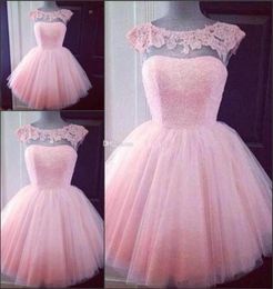 Leuke korte roze thuiskomst prom -jurken gezwollen tule kleine mooie feestjurken goedkope appliques afgedekt mouwen meisje formele jurken9239825