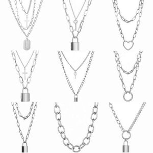 Mignon Simple chaîne lien serrure Collier pendentif femmes couleur argent mode Goth bijoux fête Punk Maxi Collier Long Collier cadeau G1206