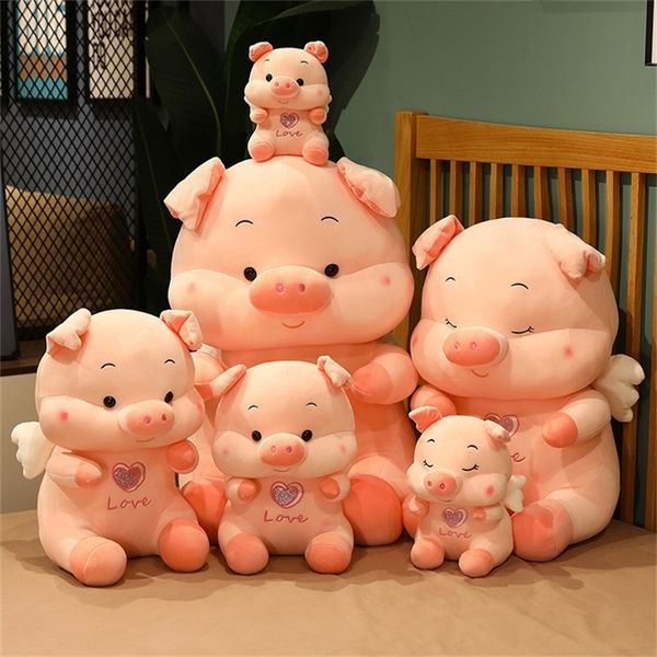 Mignon Assis Ange Cochon Élastique Super Doux Tissu Rose Cochon Oreiller Mignon Cochon En Peluche Jouet Confort Poupée Fille Cadeau D'anniversaire 220425