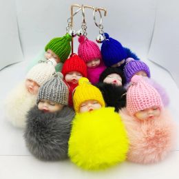 Schattige slapende baby pop Key Chain Pompom konijn fur ball karabijnse linage vrouwen kinderen sleutelhouder tas hanger