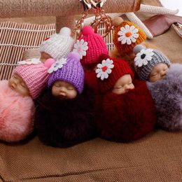 Mignon dormir bébé poupée porte-clés pompon casque lapin boule de fourrure mousqueton porte-clés porte-clés sac pendentif porte-clés cadeau 01OY