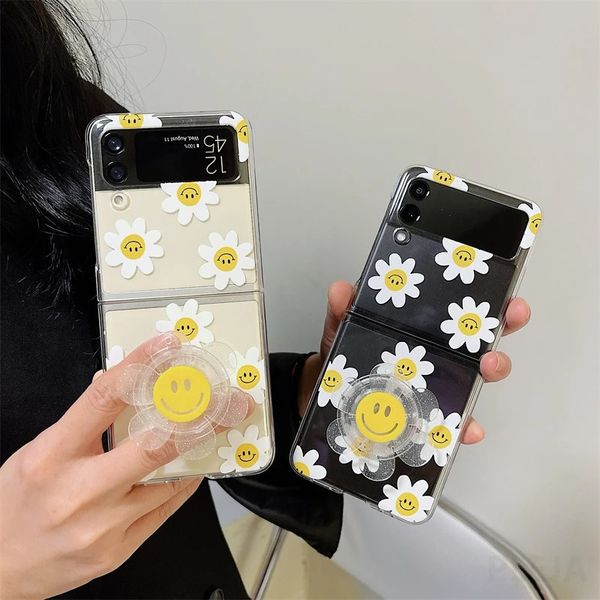 Mignon Sourire Fleur Support Téléphone Cas Pour Samsung Galaxy Z Flip 3 ZFlip3 Protection Pliant Capa Transparent Dur PC Couverture Stand