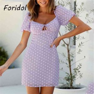 Mignon Snow Dot Imprimer Violet Robe D'été Femmes Sexy Dos Nu Bowknot Court Plage Boho Style Vêtements Mini Robe D'été 210427