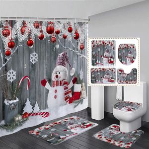 Lindo muñeco de nieve Juego de cortinas de ducha de Navidad Ramas de pino plateado Copo de nieve Bolas de Navidad Decoración de baño Alfombra Alfombra de baño Tapa de inodoro 240105