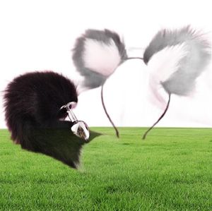 Bandons d'oreilles de chat doux mignons avec 40 cm Fox Tail Bow Metal Butt Anal Plug Cosplay Accessoires Adultives Sex Toys For Couples Y205313161