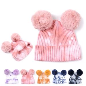 Leuke zachte warme gebreide hoed 2 pom pom winter hoeden outdoor ski fiets rib gebreide beanie meisjes stropdas dye muts jw67