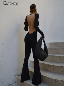 Lindo sólido negro sexy sin espalda sin espalda monstruos de pierna ancha mujeres otoño casual delgada manga larga playsuit lady streetwear 240409