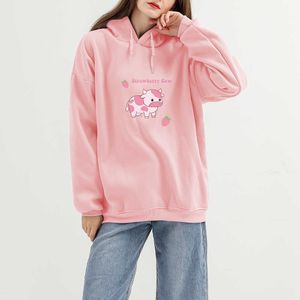 Schattige aardbei koe print sweatshirt dames hoodie hiphop kawaii harajuku oversized dames warme meisje hoodies tops kleren y0820