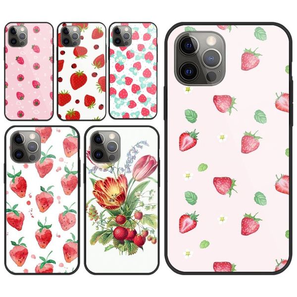 Étui de téléphone aux fleurs de fraises mignonnes pour iPhone 14 13 12 11 xs x 8 7 6 Plus Mini Pro Max SE 2022 Black PC TPU Glass Téléphone Couverture