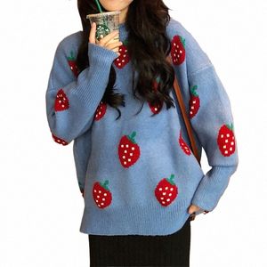 Mignon fraise pull femmes doux jacquard tricot pull pull adolescente automne hiver tenue o9vi #