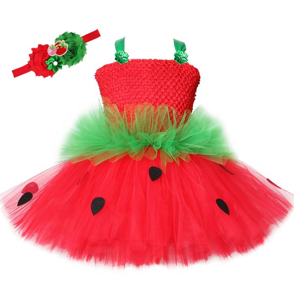 Lindo vestido de tutú de fresa rojo verde tul flores princesa niñas fiesta de cumpleaños vestido niños niños Navidad disfraz de Halloween 210303