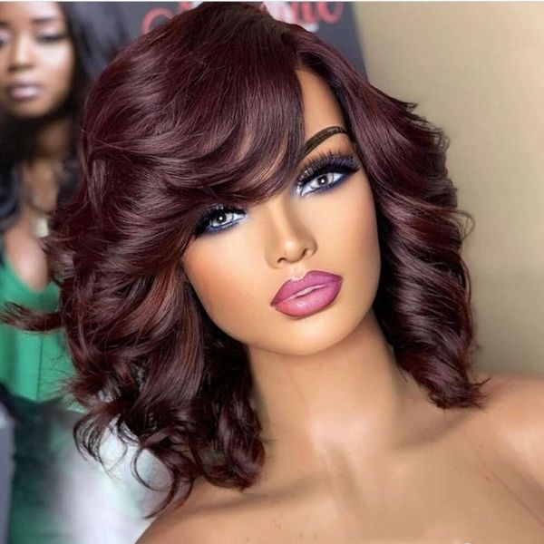 Lindo estilo Remy Young Donor Human Hair HD Lace Frontal Cierre Wigs with Bang